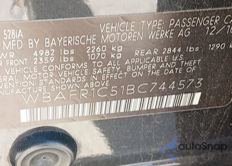 2011 BMW 528I from USA, damaged, VIN WBAFR1C51BC744573